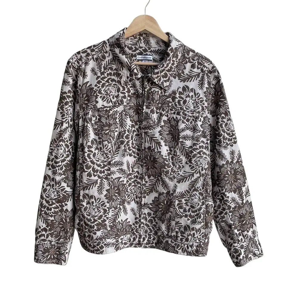 Brown Floral Linen Blend Lightweight Jacket Size XL Neutral Cottagecore Shacket